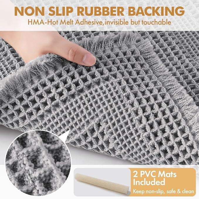 MIULEE Set of 2 Waffle Bathroom Rugs Light Grey Boho Bath Mat 17x24+18x30 | Looped Design, Super Absorbent, Non Slip, Washable, Ultra Soft, Rubber Backed, Bathroom Mats for Floor Tub Shower