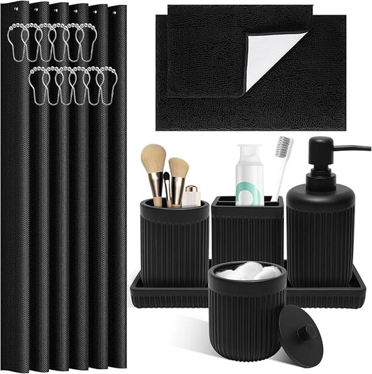 XLHOMO Matte Black Bathroom Sets with Shower Curtain and Rugs, 8-Piece Resin Bathroom Accessories Sets Complete, Soap Dispenser, Toothbrush Holder, Tumbler, Tray & Apothecary Jars Bathroom Essentials