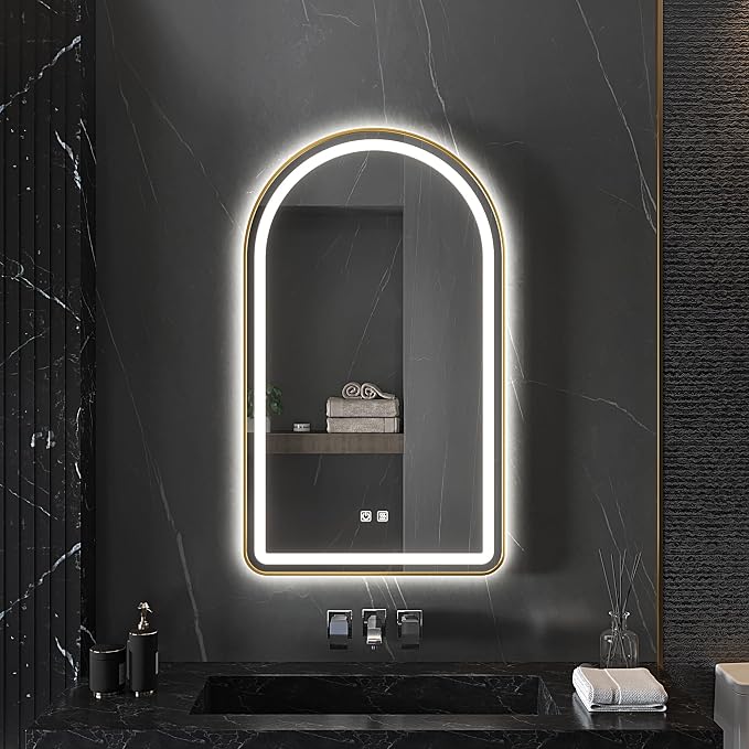 Arched Bathroom Mirror 24"x36", Gold, LED Tempered Glass | arch led bathroom mirror gold wall mounted vanity lighted tempered glass dimmable anti fog metal frame