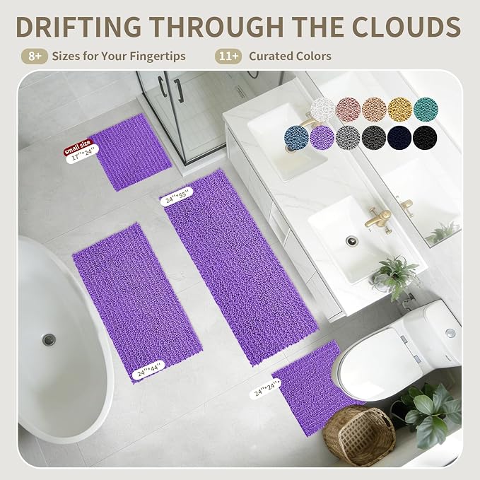 Bathroom Rugs Non Slip Washable 60x24, Extra Thick Soft Chenille Absorbent Bath Mat, High Density Barrier Non Slip Backing, Quick Dry Plush Shaggy Floor Carpet for Tub&Shower, Purple