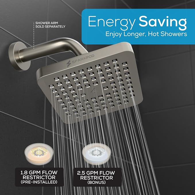 SparkPod Rain Shower Head, 6 Inch Square, Elegant Brushed Nickel Finish | High Pressure Shower Heads, 90 Nozzles, Adjustable Showerhead, No Tools Needed, Universal Connection