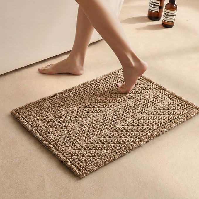 Sunfly Boho Bathroom Rug, Herringbone Waffle Bath Mat Non-Slip Washable Super Absorbent Quick Dry, Small Farmhouse Bath Mat for Bathroom Floor Decor 16"*24" Khaki