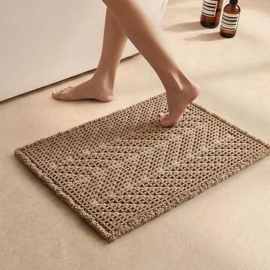 Sunfly Boho Bathroom Rug, Herringbone Waffle Bath Mat Non-Slip Washable Super Absorbent Quick Dry, Small Farmhouse Bath Mat for Bathroom Floor Decor 16"*24" Khaki