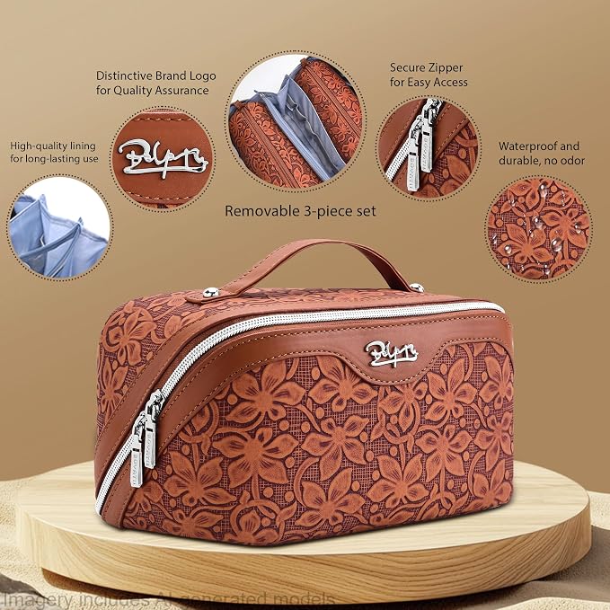 BOYATU Travel Makeup Bag Cosmetic Bags for Women: 3 Pcs Set Make up Bag | Large Capacity Waterproof Vegan Leather Organizer Bags with Compartments - Lay flat Toiletry with Handle (Z-61Brown)