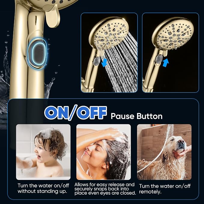 Cobbe 9 Spray Modes Handheld Shower Head, Water-Saving, Gold | Power Rinse, 1-Click Pause & Flow Control, 6ft Stainless Steel Hose, Adjustable Brass Bracket