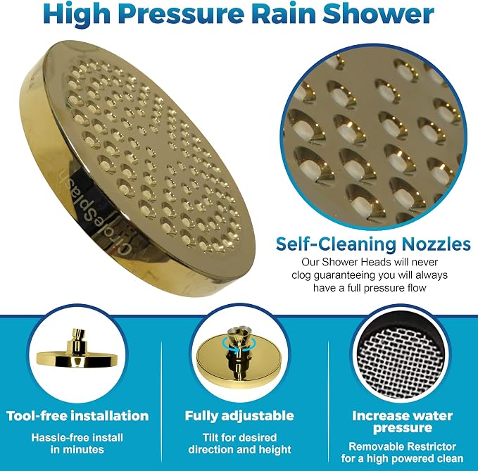 Shower Head - High Pressure 2.5 GPM - Gold | Anti-clog silicone nozzles, removable restrictor, easy-clean fixed replacement