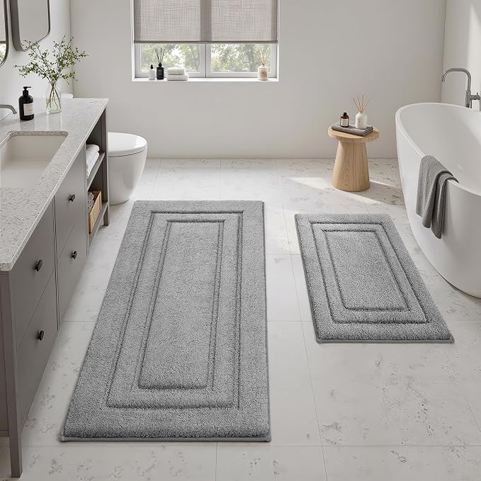 HOMEIDEAS 2 Pieces Large Bathroom Rug, Super Soft and Absorbent Long Rugs, Non Slip and Microfiber Bath Mat for Bathroom Decor (20"x47"+16" x 24", Grey)