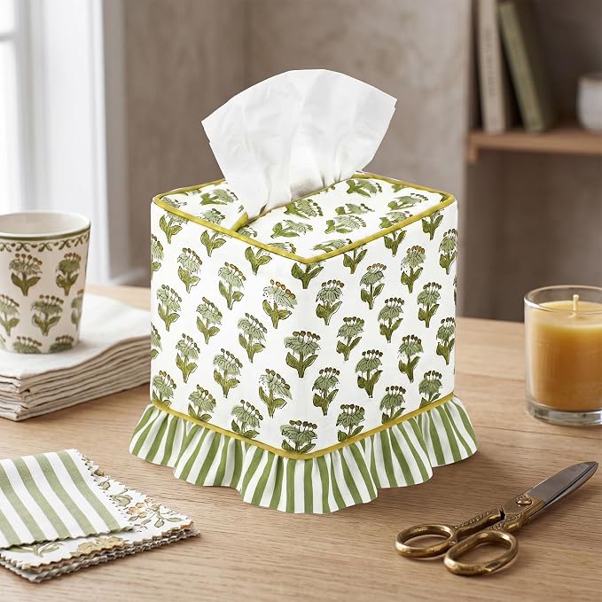 Emerald Green Floral Ruffle Tissue Box Cover Block Printed Cotton Fabric Napkin Holder Square Boho Decorative Box Cover for Bedroom Living Room Bathroom Vanity Countertop Car Office Kitchen