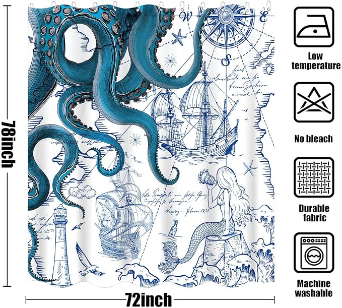 Fungarth Long Blue Nautical Octopus Shower Curtain Navy Mermaid Funny Ocean Kraken Shower Curtains for Bathroom Cool Anchor Coastal Map Waterproof Fabric Bath Curtain with Hooks (Blue, 72” x 78”)
