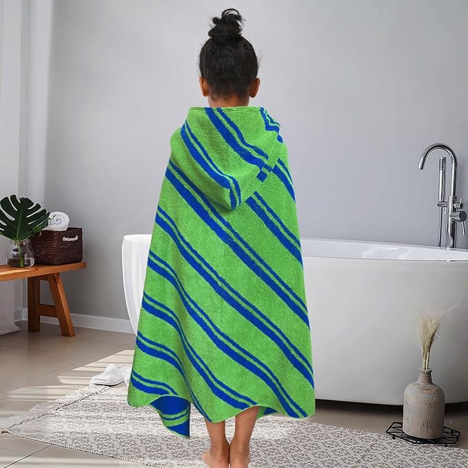 VOOVA & MOVAS Hooded Pool Towels for Kids,3-10 Years,Green | Fine Jacquard Stripe Craft, Generous Size, Powerful Absorbency, Great for Daily Bath and Outdoor Water Play