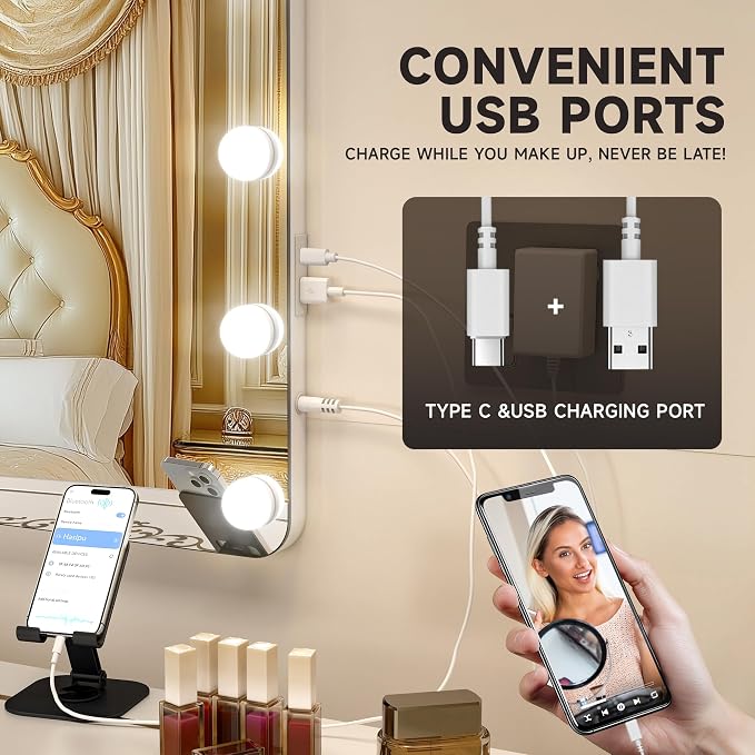 ouboyo 36''X24'' Hollywood Vanity Mirror with Lights, Lighted Makeup Mirror with 16 Dimmable LED Bulbs, 3 Color Lighting Modes & Stepless Dimming, USB & Type-C Charging Port, Wall Mounted Or Tabletop