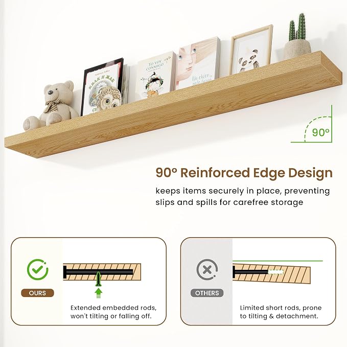 72in Floating Shelves for Wall, 72"W x 9.25"D x 1.5"H, Oak, 2Pcs | Long Wall Mounted Engineered Wood Shelves with Invisible Brackets for Living Room, Bedroom, Bathroom, Kitchen, 9.25in Depth