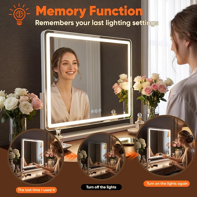 Antok Vanity Mirror with Lights, 24"X20" Lighted Makeup Mirror, Smart Touch, 3 Color Modes and Brightness Adjustable, LED Vanity Mirror with Detachable 10X Magnification, 360° Rotation for Makeup Desk
