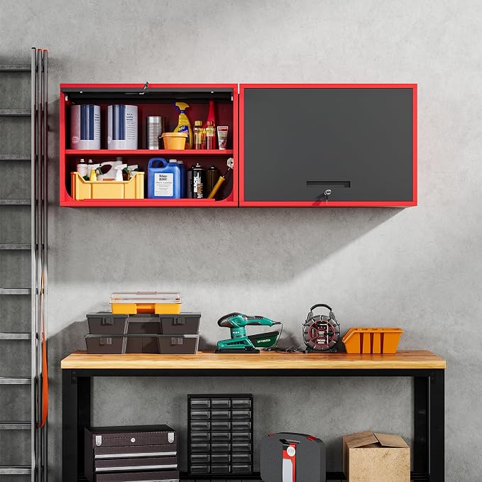 Metal Garage Wall Cabinet with Doors and Shelves,Wall Mounted Metal Storage Cabinet, Floating Steel Tool Cabinet for Garage,Basement,Kitchen,Warehouse (Red Black,21.6" H)