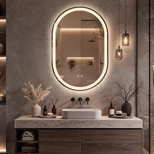 Oval LED Bathroom Mirror, Backlit + Front Lit Mirror Black Frame | 3 Color Dimmable, Anti-Fog, 36"x24", Memory Function, Shatter-Proof, HD Glass, Pill-Shaped Mirror, Vertical or Horizontal