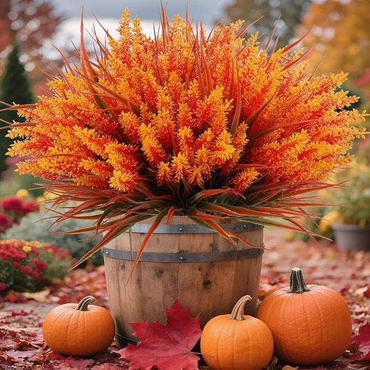 Geegoods 24 Bundles Artificial Fall Lavender Flowers Outdoor, Autumn-Orange | UV Resistant Plastic Faux Plants with Monkey Grass; Use for Garden Porch Patio Hanging Planter Home Decor