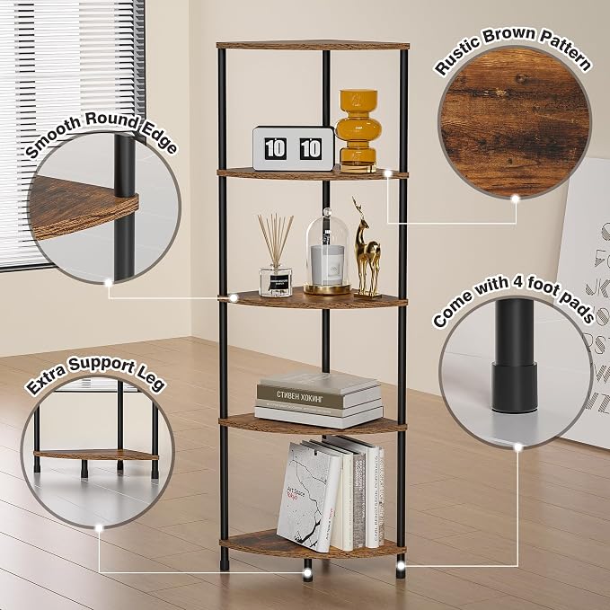 Corner Plant Stand Shelf, 5 Tier Tall Shelf Plant Stand for Indoor Plants, Rustic Brown Corner Bookshelf Wall Decor Living Room, 44.1" Display Shelf for Bedroom, Bathroom, Small Space