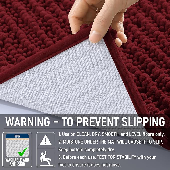 OLANLY Large Bathroom Rugs 59x35, Thick Soft Absorbent Chenille Bath Rugs | Burgundy, Quick-Drying Rubber Backing, Shaggy Bath Mat, Machine Washable for Floor, Tub and Shower, Home Decor Accessories