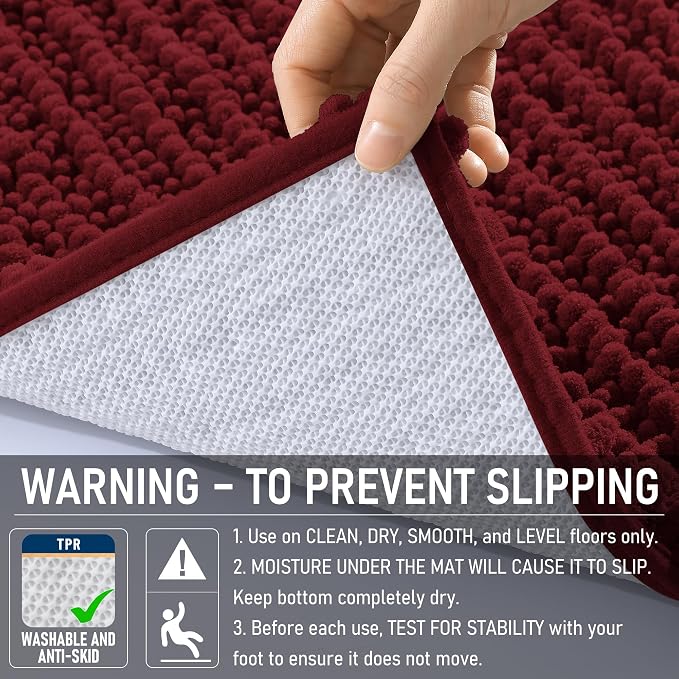 OLANLY Large Bathroom Rugs 40x32, Thick Soft Absorbent Chenille Bath Rugs | Burgundy, Quick-Drying Rubber Backing, Shaggy Bath Mat, Machine Washable for Floor, Tub and Shower, Home Decor Accessories