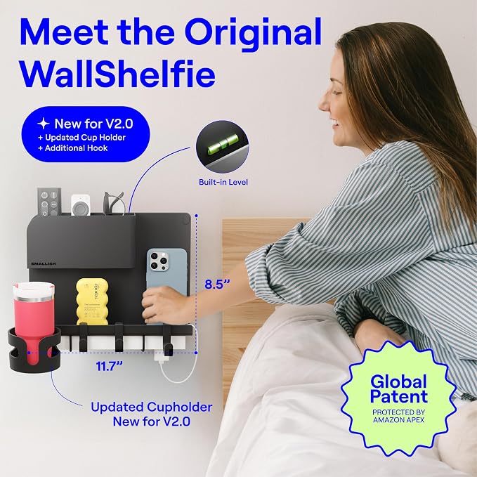 WallShelfie Bedside Wall Organizer & Dorm Decor for Dorm Room - 2.0, Black | Dorm Room Essential, Floating Bedside Shelf Wall Mount Organizer, Remote Control Holder, Cool Teen Girls Trendy Stuff