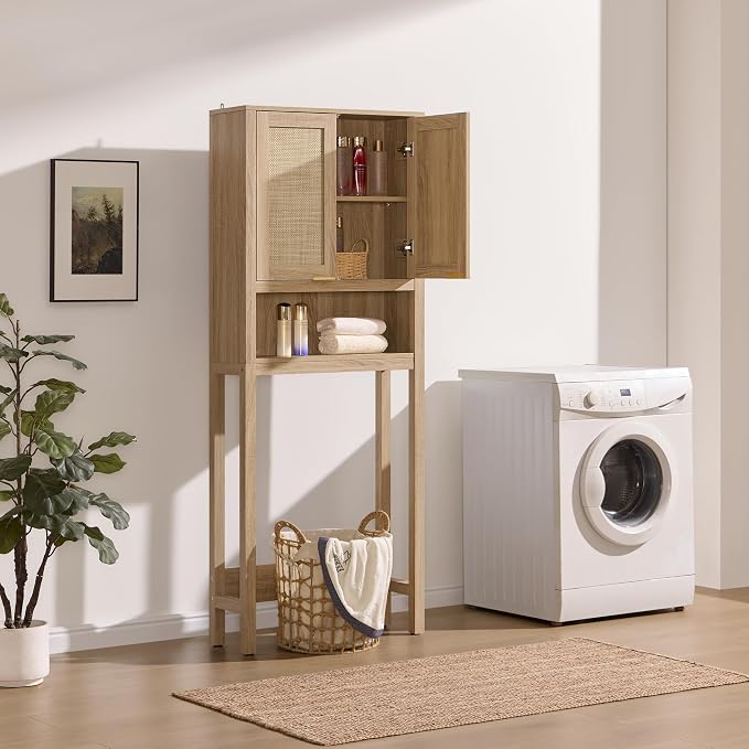 SICOTAS Over the Toilet Storage Cabinet, Rattan Door Bathroom Organizer | Freestanding Bathroom Organizer with Adjustable Shelf, Over Toilet Storage Cabinet for Bathroom, Laundry Room, dnd Restroom