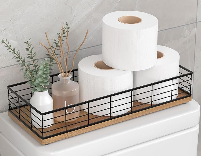Toilet Paper Storage Basket, 16" Large Acacia Wood Toilet Paper Basket | Wooden Toilet Tank Tray for Back of Toilet, Narrow Bathroom Countertop Organizer with Iron Metal Frame Decor, Black & Acacia