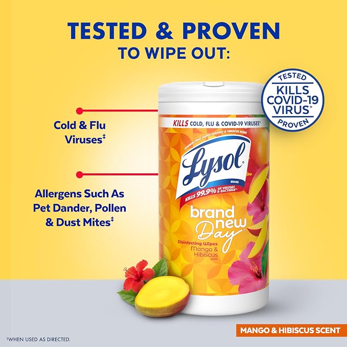 Lysol Disinfecting Wipes, Multi-Surface Cleaner, Mango, 80 ct. | All Purpose Cleaner, Sanitizing, Deodorizing, Apartment Essentials, Back To School Cleaning Supplies, Kitchen & Bathroom Wipe