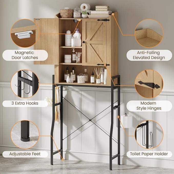 Over The Toilet Storage Cabinet with 2-Door & Metal Stand, Wood | Toilet Paper Holder, 3 Extra Hooks, Anti-Tipping Device, With Adjustable Shelves, for Bathroom, Restroom, Laundry