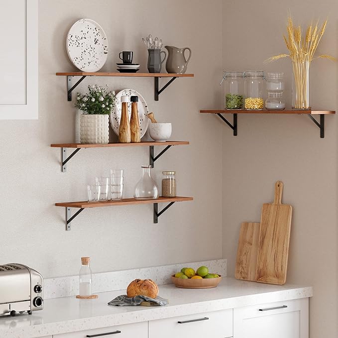 Wall Shelves, 23.6" Long Floating Shelves with Metal Brackets | Wall Mount Book Shelf, Set of 2, Easy Assembly, Max Load 22lbs, Wooden Storage Ledges, Bedroom/Bathroom/Kitchen, Rustic Brown
