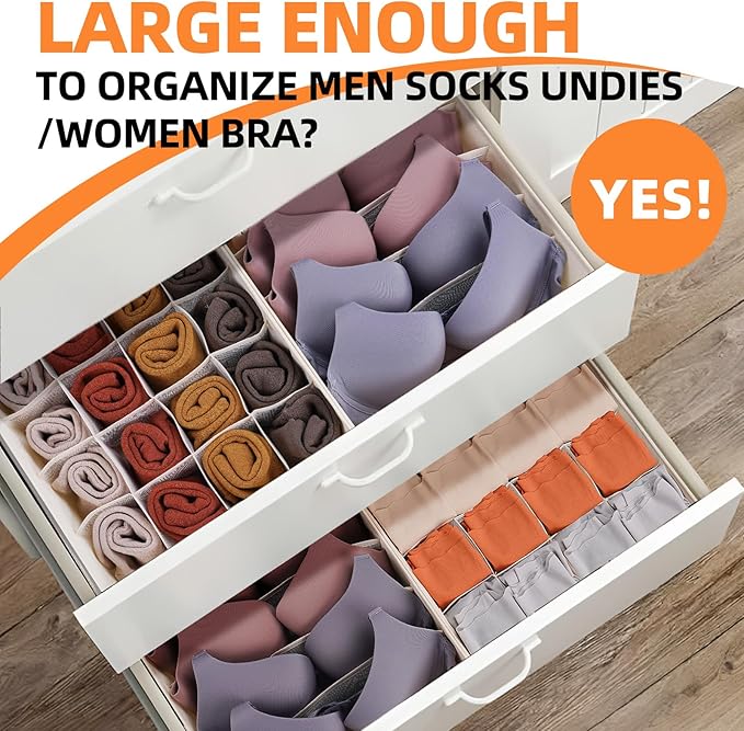 6 Pcs Drawer Organizer Clothes - 90 Cells Closet Organizers and Storage for Baby Nursery - Washable Fabric Dresser Organizer Dividers for Sock Underwear Bra Dorm Room Essentials (Beige)