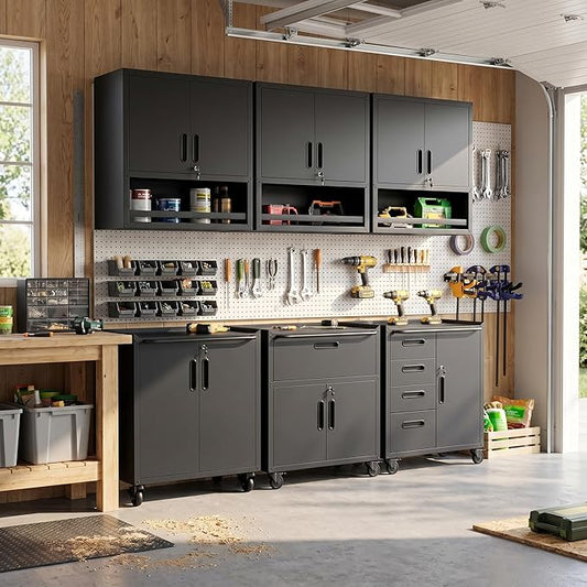 Garage Storage Cabinet System,Wall Cabinet & Locking Rolling Tool Cabinet with Doors and Adjustable Shelves