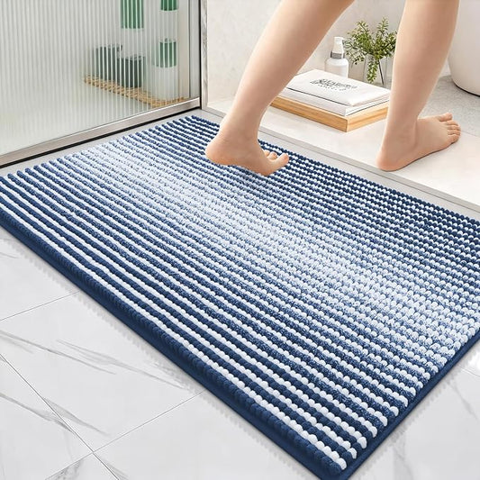 OLANLY Bathroom Rugs 36x24, Soft Chenille Striped Bath Rugs, Navy | Extra Absorbent, Rubber Backing, Machine Wash Dry, Bath Mats for Bathroom Floor, Tub and Shower, Home Decor Accessories