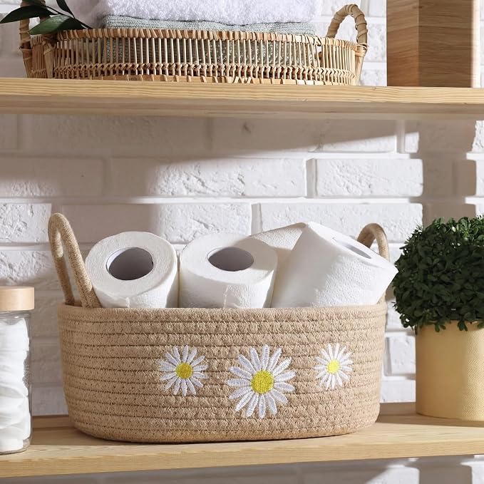 Vesici Daisy Toilet Basket Woven Cotton Rope Bathroom Organizer | Beige Daisy Bathroom Decor, Countertop Organizer with Handle, Nursery Closet Storage, 13 x 6 x 4 Inch