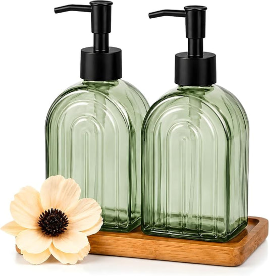 2 Pack Arch Glass Soap Dispenser with Acacia Wood Tray, 11oz Green Rainbow Decorative Hand Soap Dispenser with Rustproof Pump, Refillable Liquid Dispenser for Bathroom, Kitchen, Countertop
