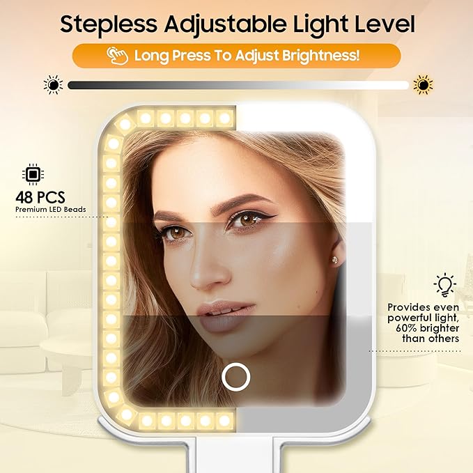 Travel Makeup Mirror with Lights, Double-Sided 1X/30X Magnifying Mirror, 3 Color Lighting & Brightness Adjustable, Portable &Foldable Handheld Mirror with Lights(White)