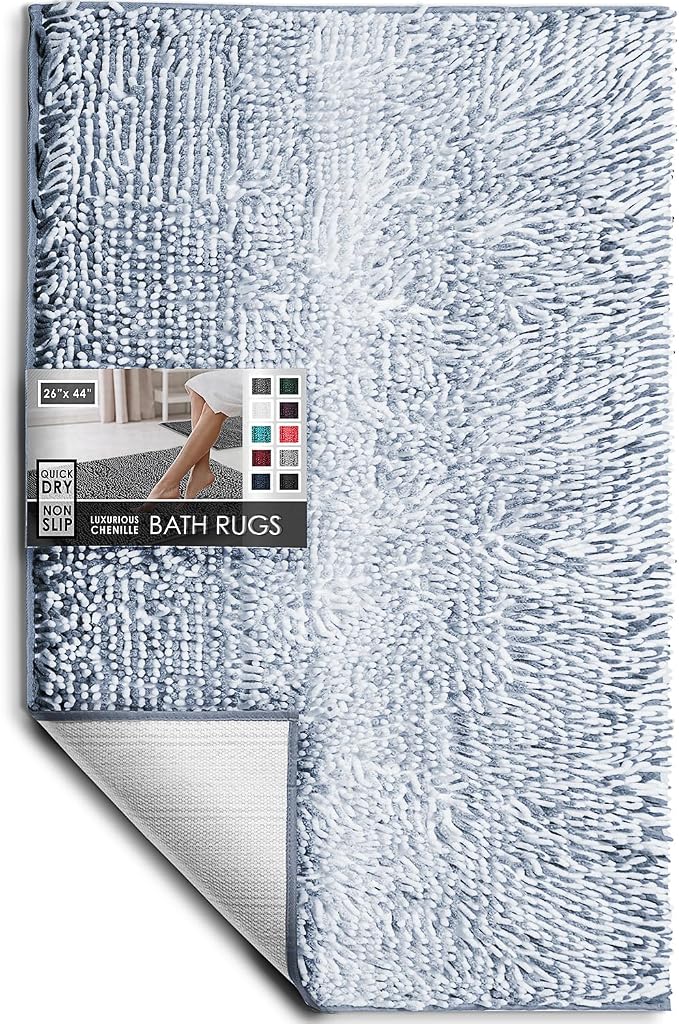 Hearth & Harbor Bathroom Rugs, Chenille Bath Mat - Machine Washable Bath Mats for Bathroom Non-Slip Backing Rubber, Quick Dry Bathroom Mat, 26 x 44 - Ombre Blue