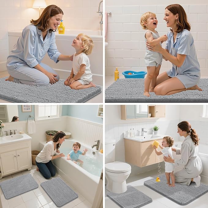 Arotive Bathroom Rugs 34x21, Soft Absorbent Shaggy Chenille Bath Rugs | Light Grey, Machine Washable Rubber Backing Bath Mats for Bathroom Floor Tub and Shower Home Decor Accessories