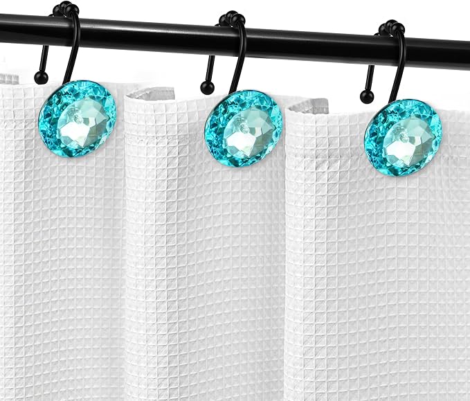 Sunlit Luxury Design Round Teal Blue Diamond Crystal Gem Bling with Glide Balls Shower Curtain Hooks, Rust Proof Metal Rhinestones Glam Shower Curtain Rings with Black Hooks, Set of 12