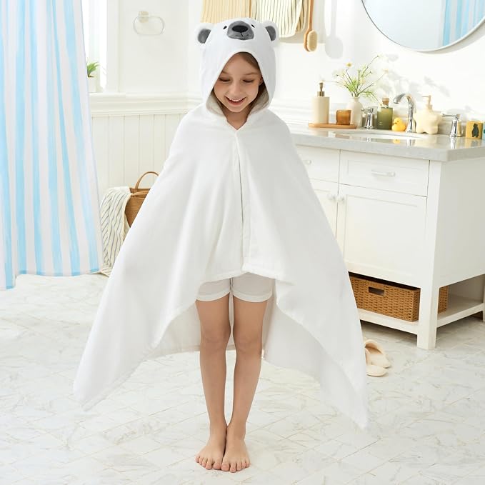 Joiedomi Hooded Towel for Kids Soft 100% Cotton Bath Beach Towel 30" x 50" for Kids 3-8 Years Toddler Pool Poncho with Hood Absorbent Swim Wrap for Boys Girls White Bear