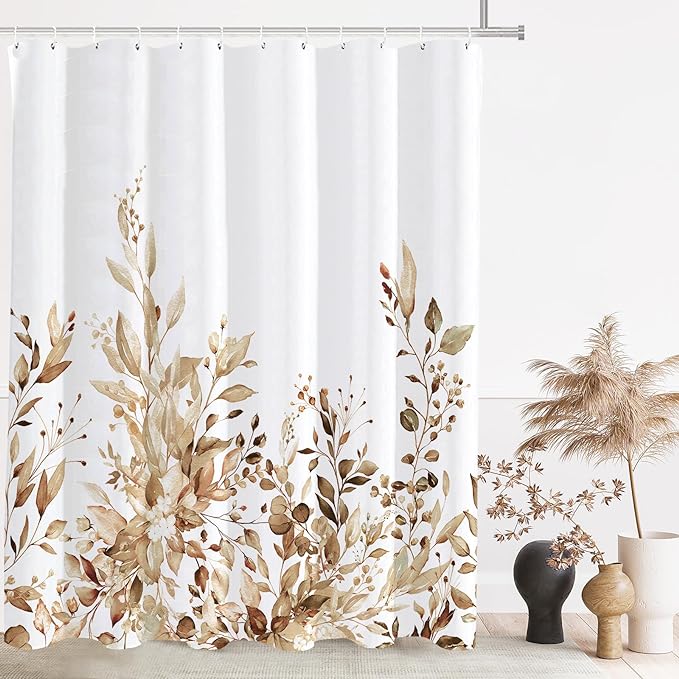 Tititex Tan Eucalyptus Shower Curtain, Watercolor Brown Leaves Plant with Floral Bathroom Decoration Shower Curtain Sets 71x71 Inch with Hooks