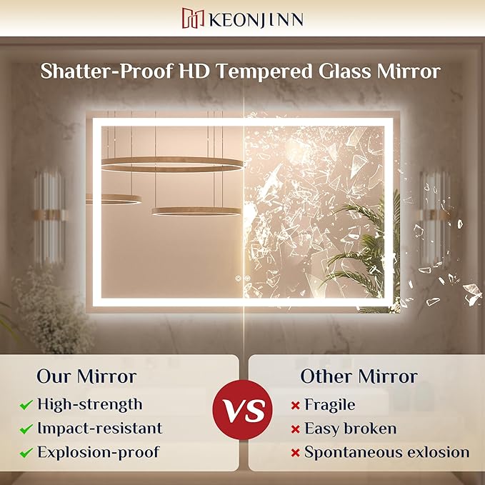 Keonjinn 30x36 Inch LED Bathroom Mirror with Lights, 3-Color Temperature | HD Tempered Grass, Frontlit & Backlit & Stepless Dimmable Lighting, Fast & Safe Defogging, Effortless Installation