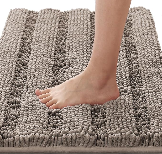 H.VERSAILTEX Bath Rugs for Bathroom Non Slip Bath Mats Extra Thick Chenille Striped Rug 20" x 32" Absorbent Non Skid Fluffy Soft Shaggy Washable Dry Fast Plush Mat for Indoor, Bath Room, Tub - Taupe