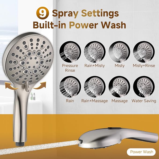 BRIGHT SHOWERS Rain Shower Heads System Including Rainfall Shower Head and Handheld Shower Head with Height Adjustable Holder, Solid Brass Rail, 60 Inch Long Stainless Steel Hose, Brushed Nickel