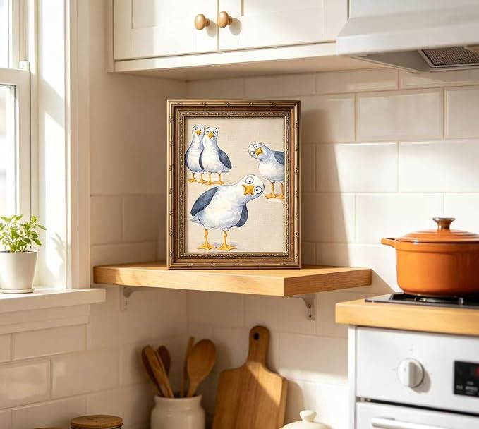Vintage Gold Framed Funny Seagull Wall Art, Watercolor Cartoon Bird Canvas Print, Whimsical Coastal Wall Decor, Retro Style Funny Bird Poster Artwork,for Bathroom Bedroom Living Room,12x16in