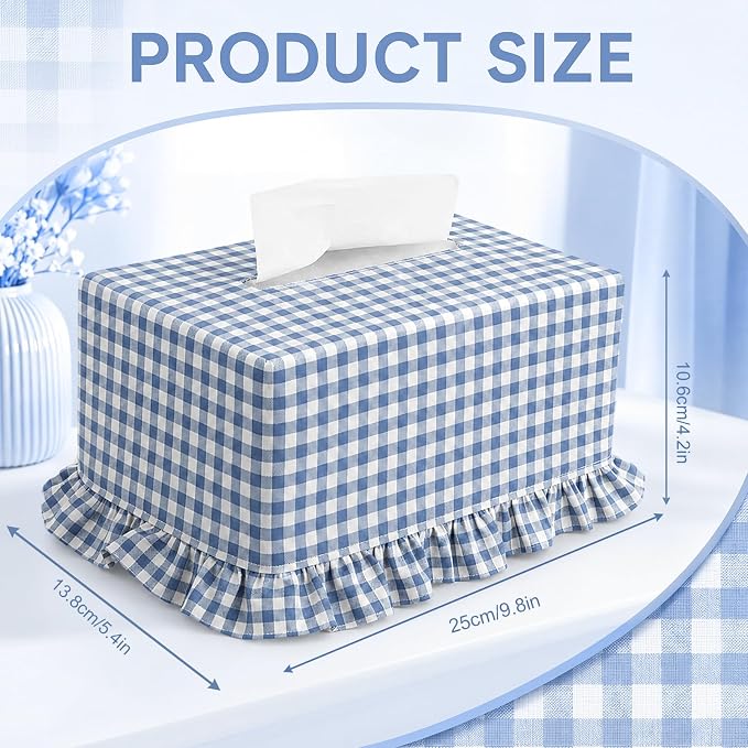 Sawysine Blue Check Plaid Fabric Tissue Box Cover Coastal Beach Style Ruffled Rectangular Napkin Holder Fresh Ocean Household Decor Sleeve for Home Bathroom Living Room Kitchen Indoor Seaside Decor