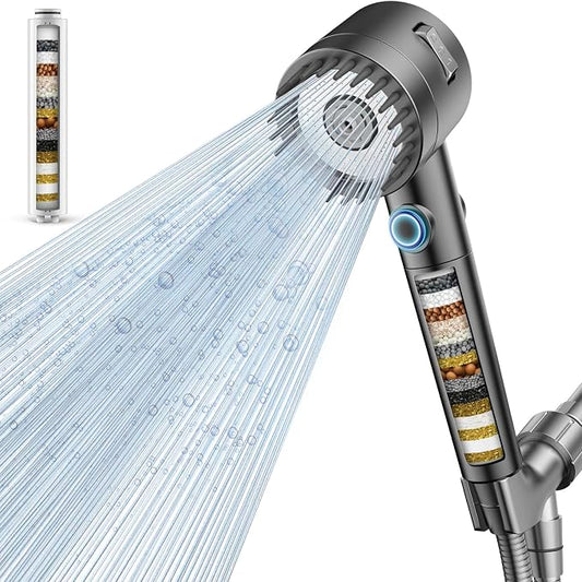 Filtered Shower Head with Handheld,High Pressure 5 Mode Shower with Filters | ON/OFF Switch Shower Filter Head for Hard Water, Remove Chlorine, Reduce Dry Itchy Skin,Holder & 60'' Hose Showerhead