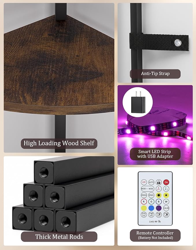 Corner Shelf with LED Light, 5 Tier Smart Color Changing Floor Lamp with Remote, 62" Display Shelf Bookshelf Narrow Storage Rack Standing Lamp for Living Room Bedroom Home Office Decor, Brown