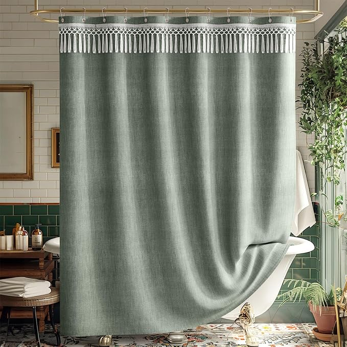 AmazerBath Green Shower Curtains for Bathroom, Boho Farmhouse Shower Curtain with Top Tassels, Sage Green Shower Curtain with 12 Hooks, Faux Linen Fabric Hotel Quality, 72x72 Inches