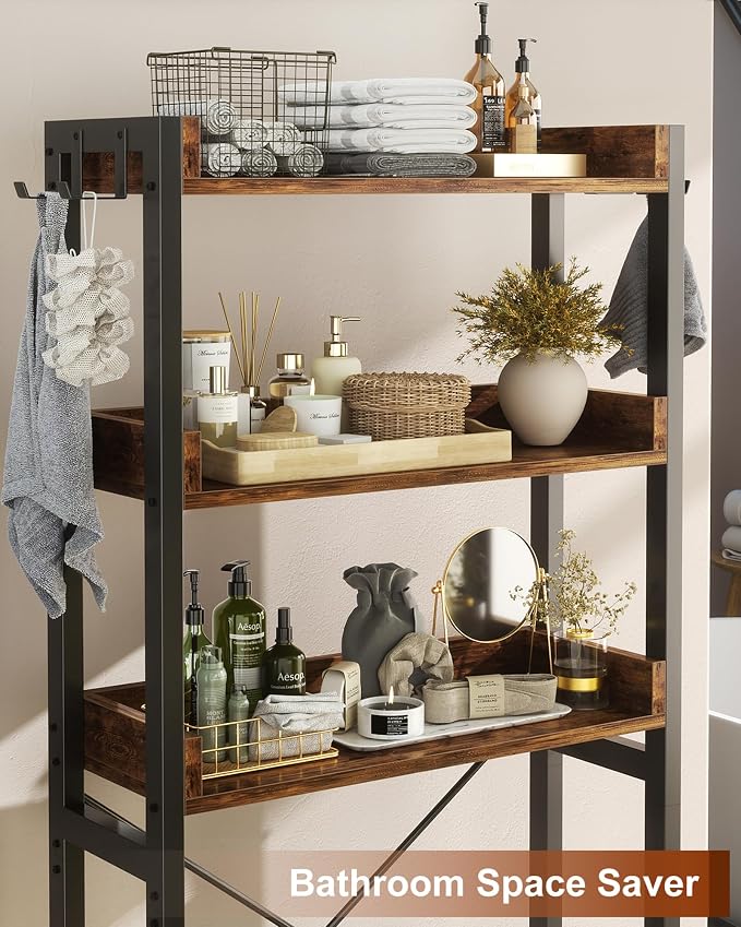 Ecoprsio Over-The-Toilet Storage Rack, 3-Tier Bathroom Organizer Shelf Over Toilet, Freestanding Space Saver Toilet Stands with 4 Hooks, Rustic Brown