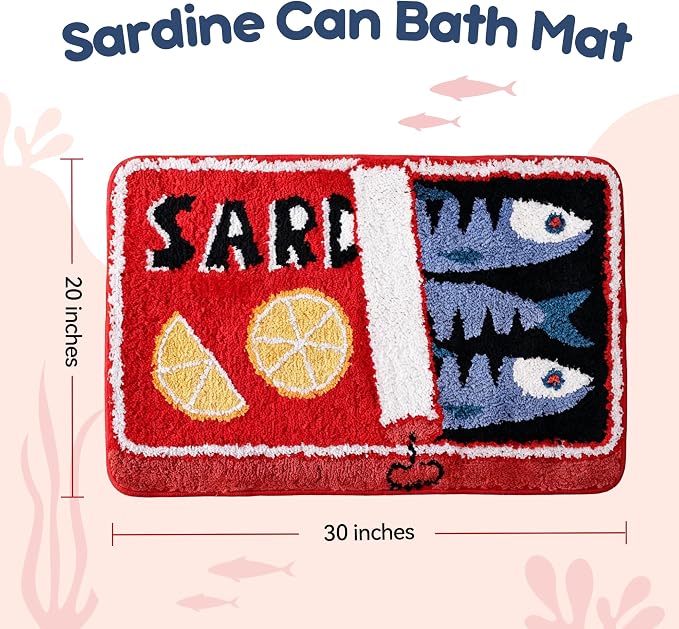TRUEDAYS Sardine Bath Mat, Cute Bath Rugs for Bathroom 20x30 Inch, Red | Fun Bath Mat, Soft Absorbent, Quick Dry, Machine Washable, Non Slip Bath Rugs for Bathroom Decor Kitchen Bedroom